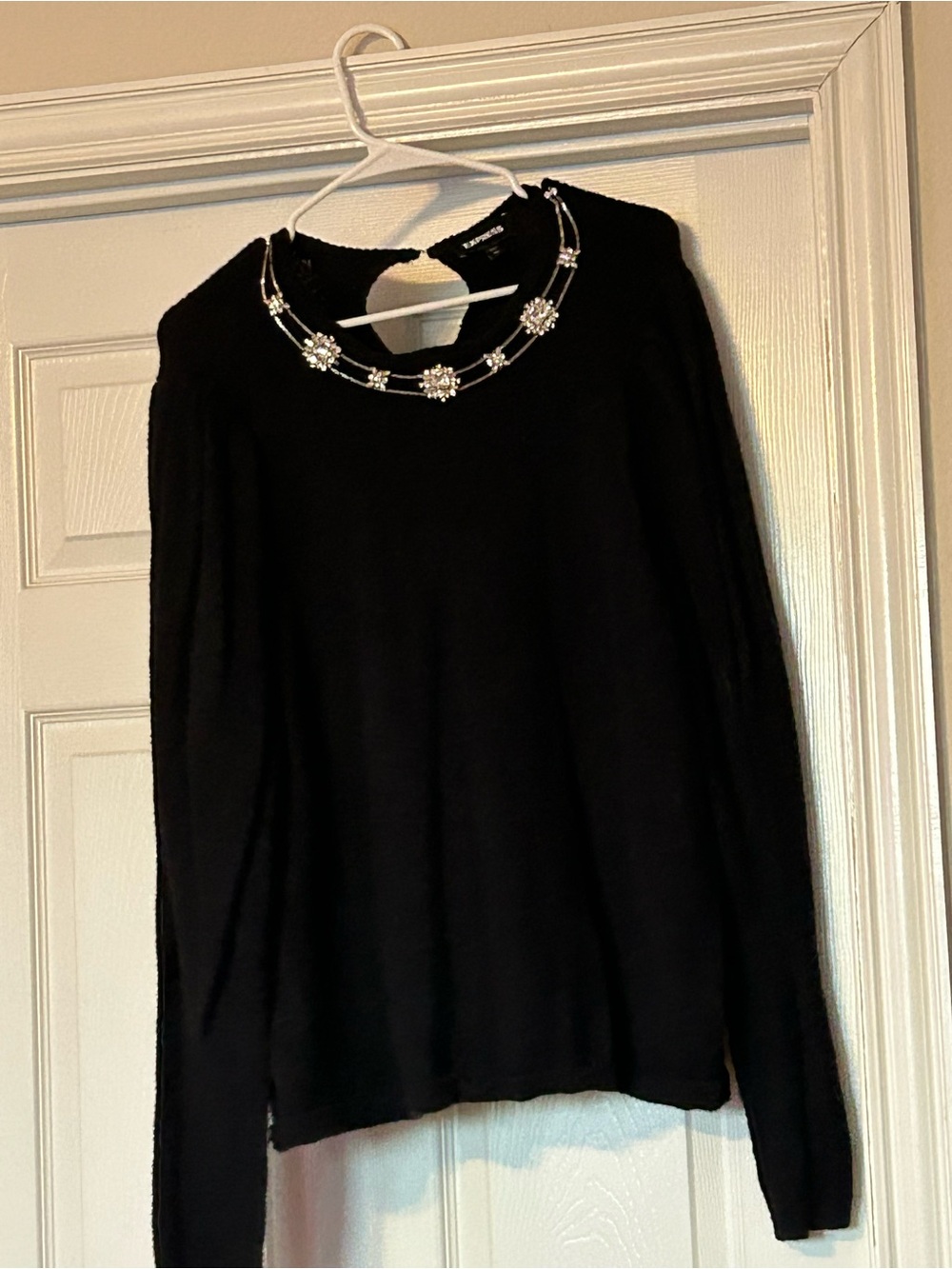Express Black Jeweled-Neck Long Sleeve Sweater